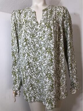 Lands End Womens XLP 18 Popover Tunic Top Green White Floral Vine Knit